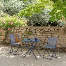 Sada BALCONY II – skládací stůl 64×70 cm + 2 ultra kompaktní židle | ColorBlock modrá Indigo