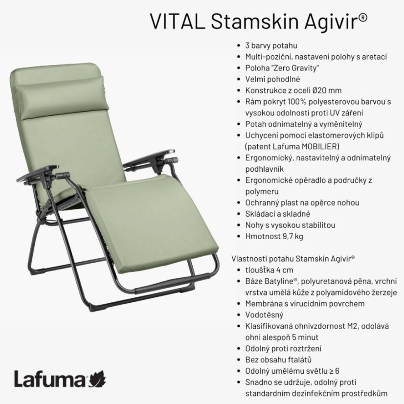 Infografika zobrazujúca vlastnosti polohovateľného kresla Lafuma VITAL – ergonómia a pohodlie.