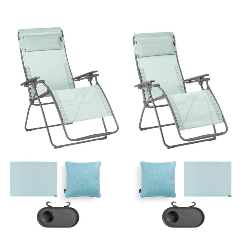 Sada 2x relaxační křeslo Lafuma Mobilier FUTURA standard + XL BatylineDUO modrozelená Mistral vč. příslušenství