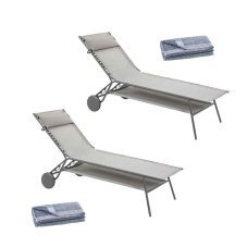 Výhodná sada 2 opalovacích lehátek vysokých MIAMI II HAUT Batyline®DUO šedá Galet s osuškami LITTORAL XL