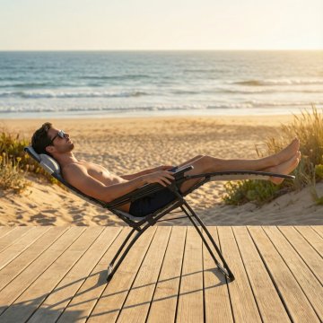 Relaxačné kreslo Lafuma Zero Gravity – muž relaxujúci na pláži.