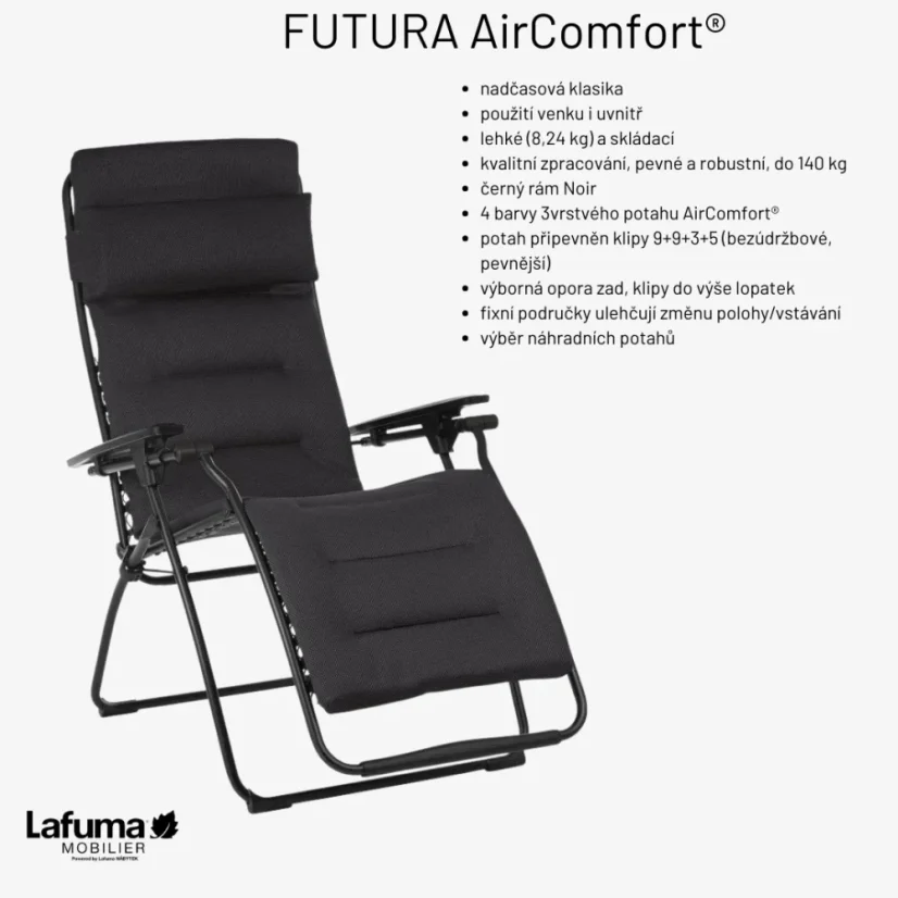 Relaxační křesla Lafuma FUTURA AirComfort - infografika s technickými vlastnostmi a parametry.