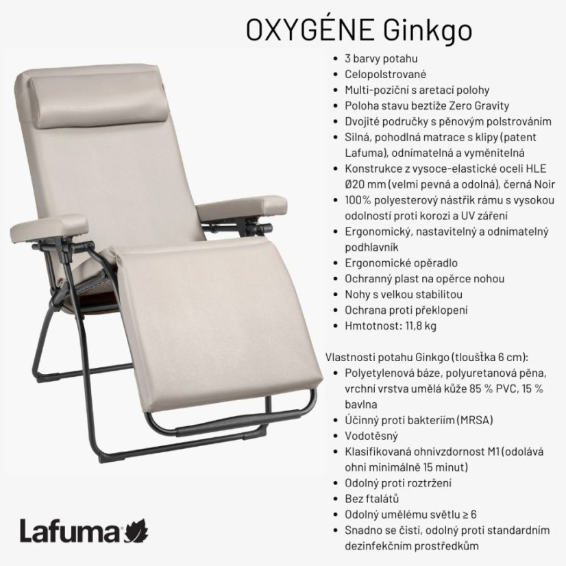 Infografika zobrazujúca vlastnosti polohovateľného kresla Lafuma OXYGÈNE – ergonómia a pohodlie.