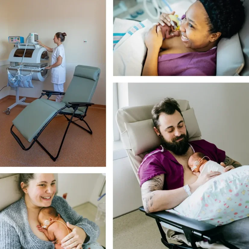 Stolička Lafuma VITAL pre starostlivosť o novorodencov metódou kengury a starostlivosť o novorodencov metódou koža na kožu.