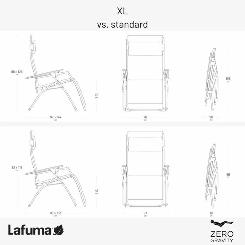 Relaxační křesla Lafuma - porovnání rozměrů standardní velikosti vs XL velikost - technické schéma.