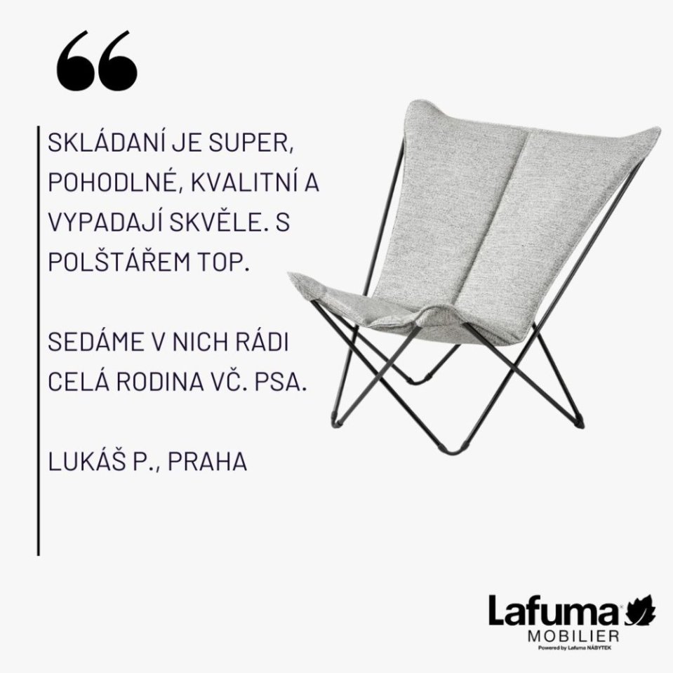 Zákazník oceňuje pohodlné, kvalitní a stylové skládací křeslo s polštářem, které si oblíbila celá rodina včetně psa.