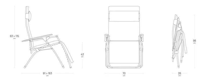 Technické rozmery a špecifikácie polohovateľného kresla Lafuma VITAL.