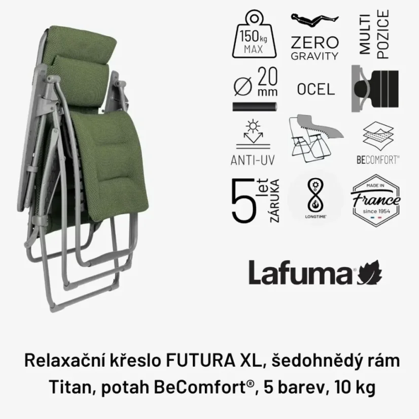 Relaxační křeslo Lafuma FUTURA XL BeComfort zelená Olive – ZERO GRAVITY, nosnost 150 kg