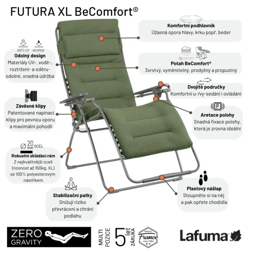 Relaxační křeslo Lafuma FUTURA XL BeComfort zelená Olive – ZERO GRAVITY, nosnost 150 kg