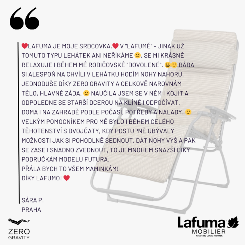 Recenzia na polohovateľné kreslo Lafuma FUTURA BeComfort od blogerky Všem maminkám, kladné hodnotenie.