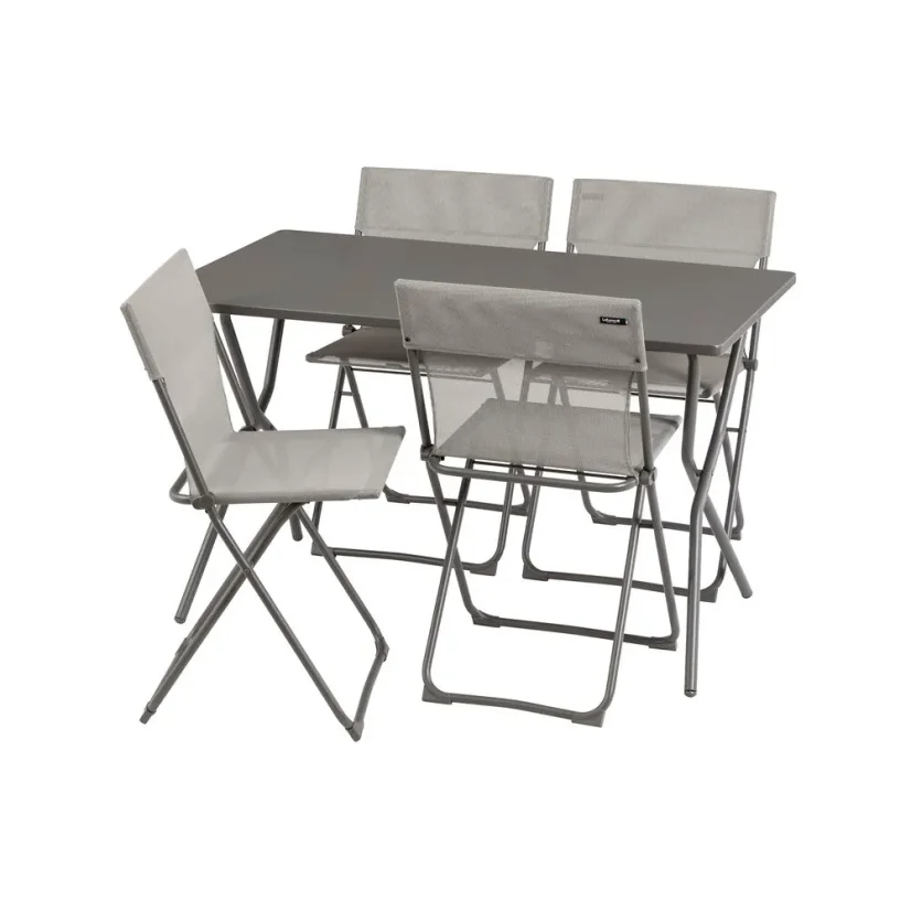 Súprava BALCONY II – skladací stôl 120×70 cm + 4 ultrakompaktné stoličky | ColorBlock sivá Terre