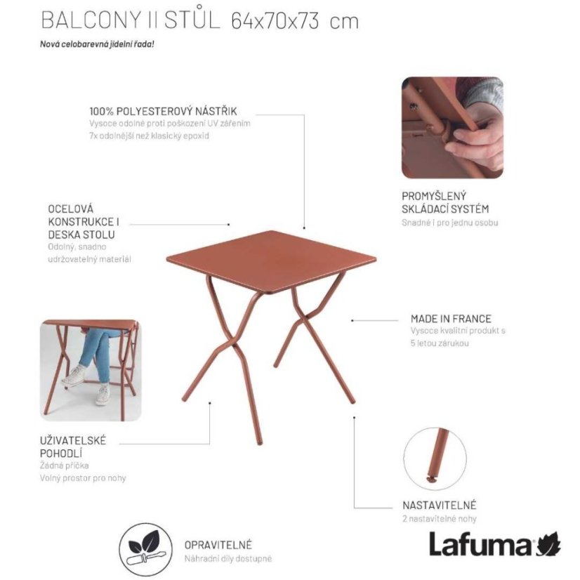 Sada BALCONY II – skládací stůl 64×70 cm + 2 ultra kompaktní židle | ColorBlock oranžová Canyon