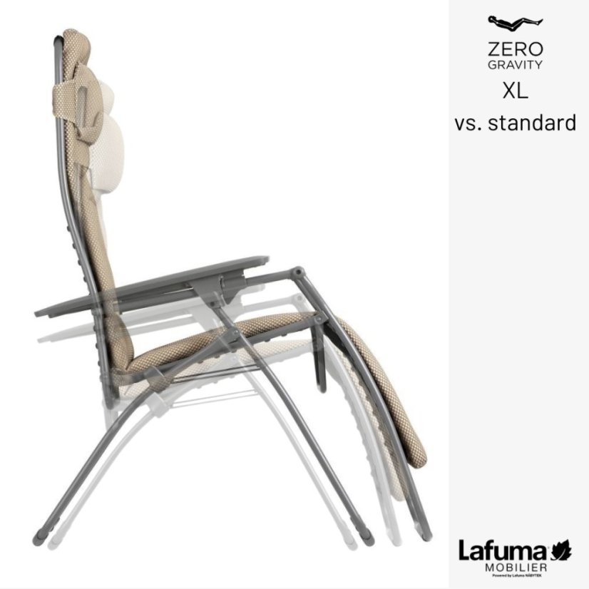 Srovnání relaxačních křesel Lafuma FUTURA Standard a XL názorně vedle sebe.