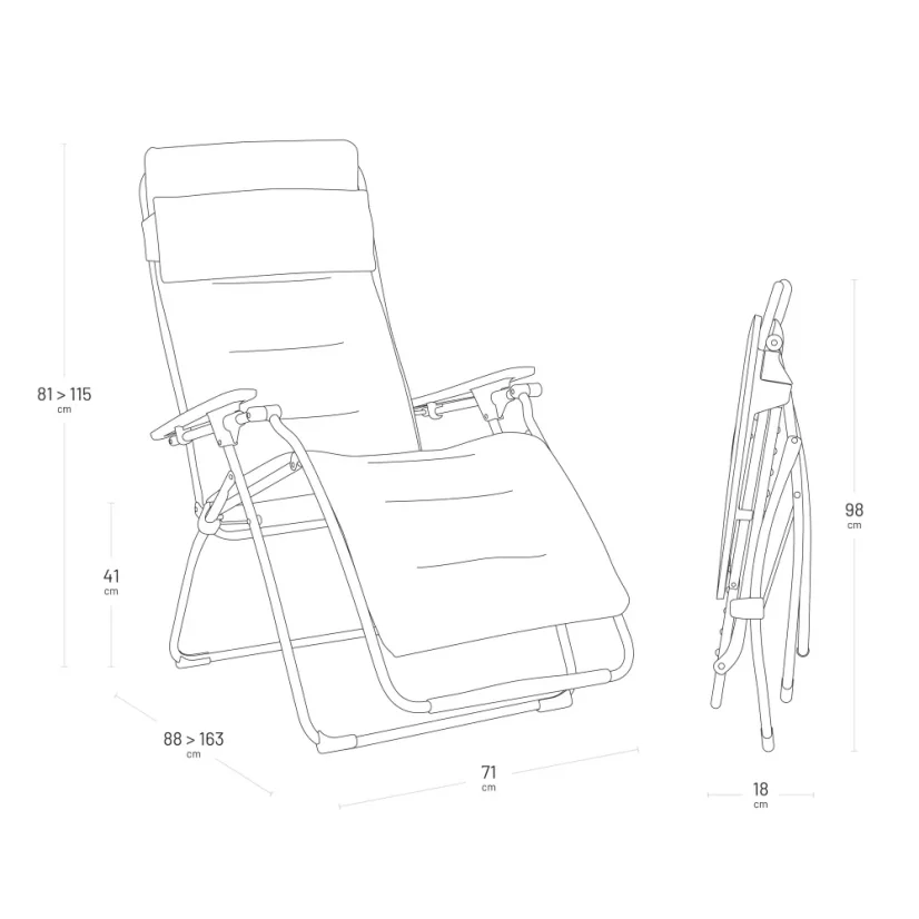 Technické rozměry a schéma skládacího křesla Lafuma FUTURA BeComfort.