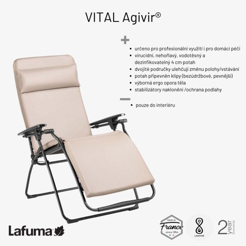 Prehľad výhod stoličky Lafuma VITAL – nulová gravitácia, stabilita, praktickosť.