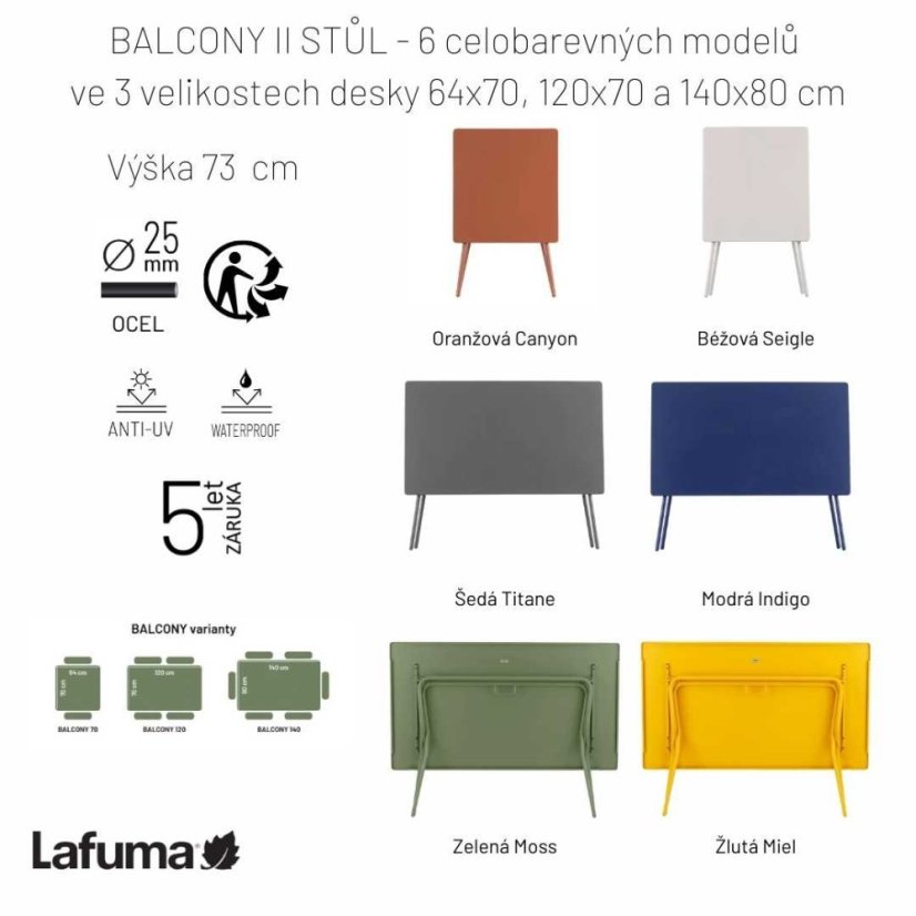 Skládací venkovní stůl Lafuma BALCONY II zelená Moss – 120×70 cm