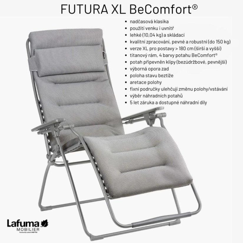 Relaxační křeslo Lafuma FUTURA XL BeComfort modrá Bleu Encre – ZERO GRAVITY, nosnost 150 kg
