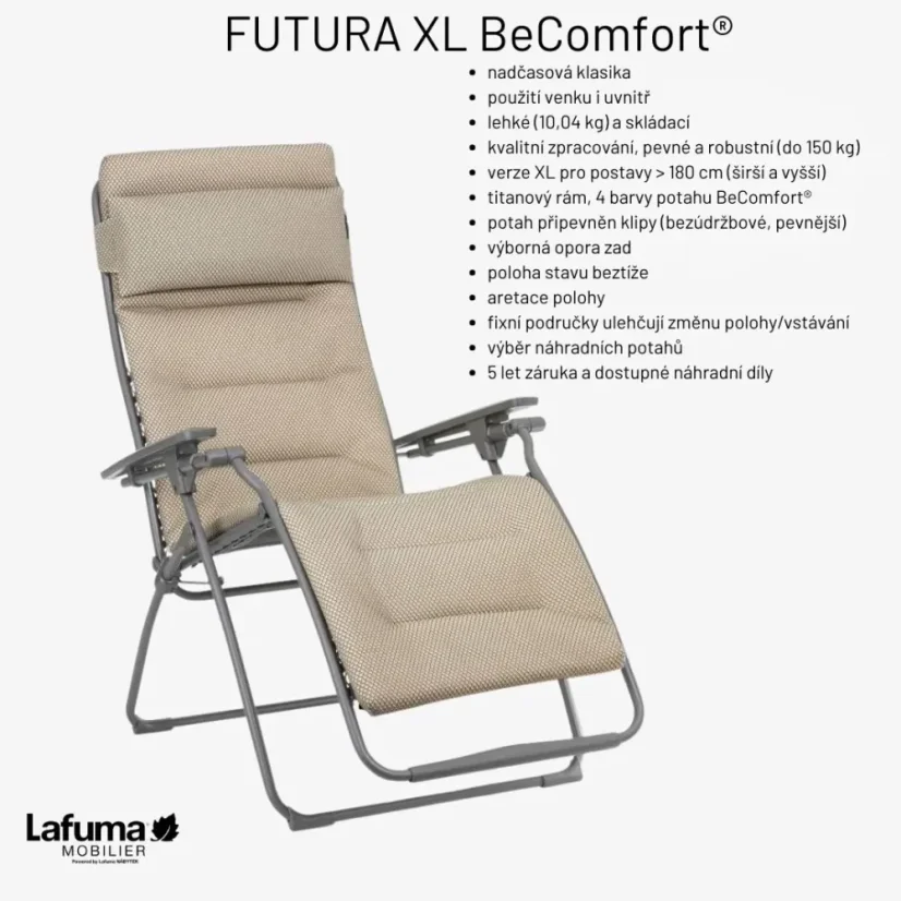 Relaxační křeslo Lafuma FUTURA XL BeComfort zelená Olive – ZERO GRAVITY, nosnost 150 kg