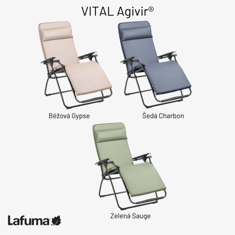 Farebné možnosti pre polohovateľné kreslo Lafuma VITAL, vrátane béžovej farby Gypse.