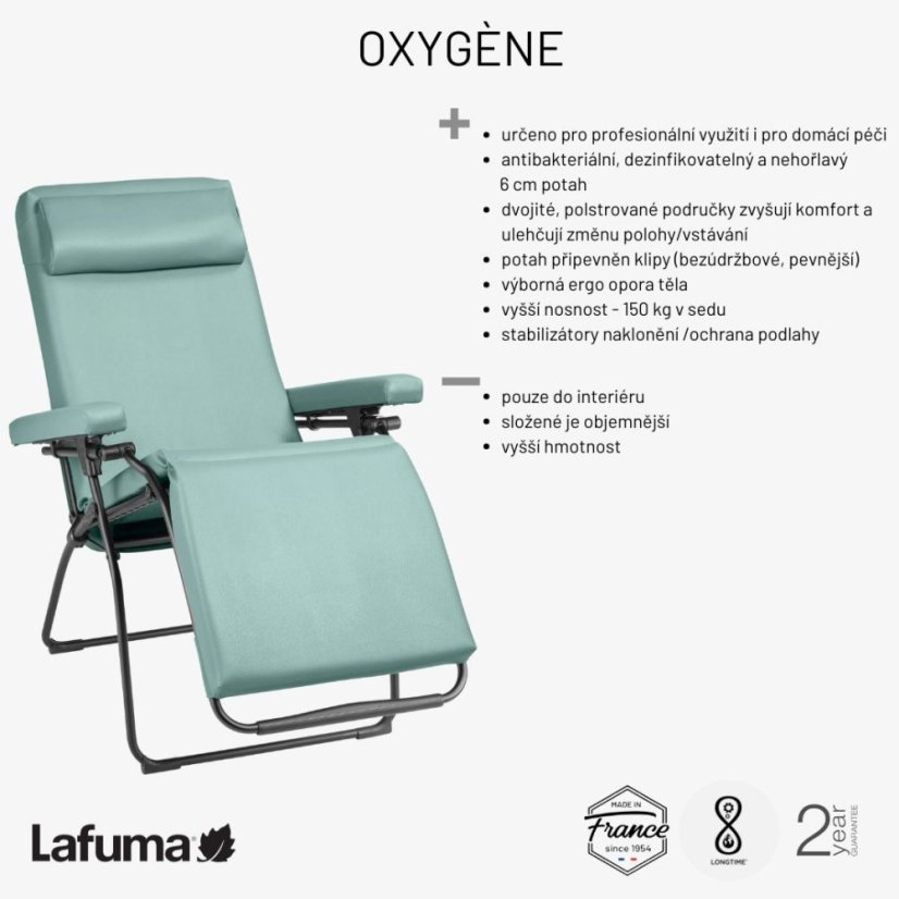 Prehľad výhod stoličky Lafuma OXYGÈNE – plné čalúnenie, Zero Gravity, praktickosť.