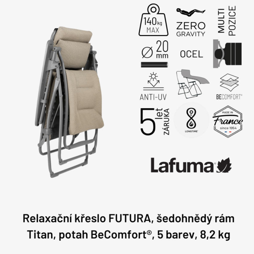 Piktogramy a symboly vlastností křesla Lafuma FUTURA BeComfort.