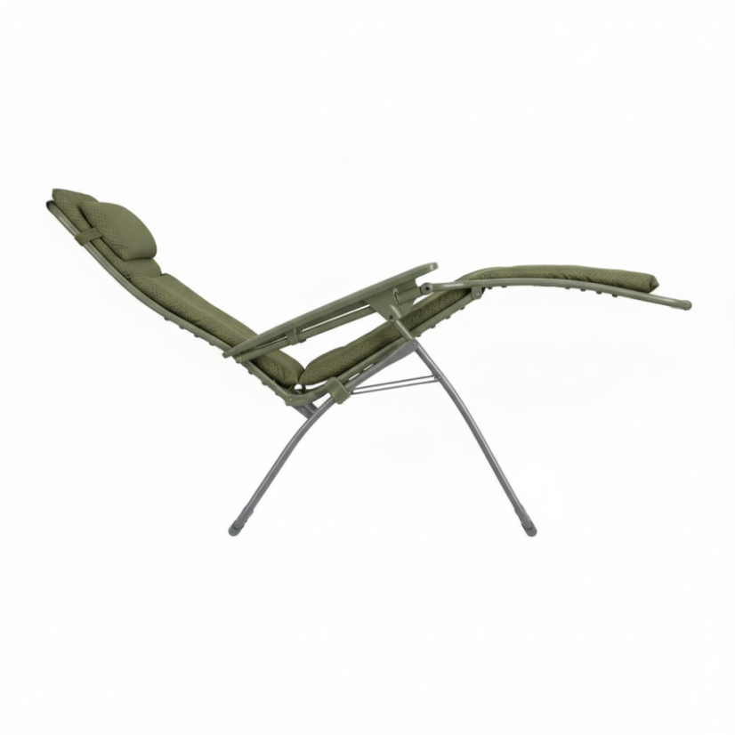 Relaxační křeslo Lafuma FUTURA BeComfort zelená Olive v poloze ZERO GRAVITY - boční pohled.