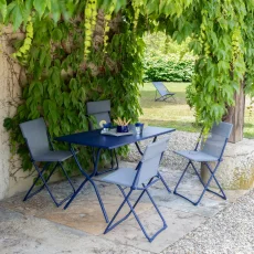 Sada BALCONY II – skládací stůl 120×70 cm + 4 ultra kompaktní židle | ColorBlock modrá Indigo