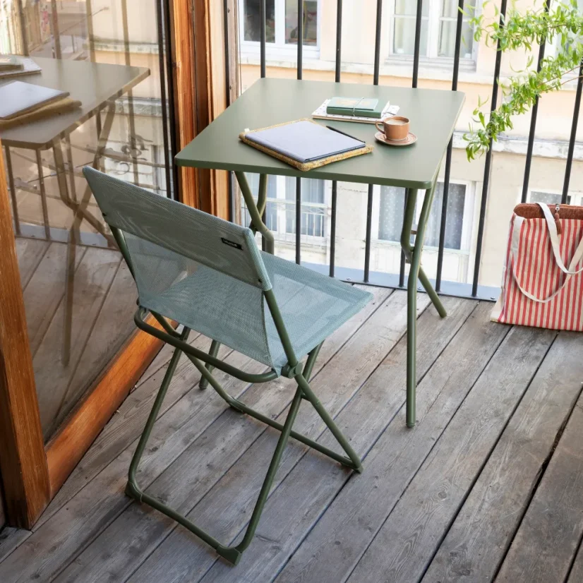 Sada BALCONY II – skládací stůl 64×70 cm + 2 ultra kompaktní židle | ColorBlock zelená Moss