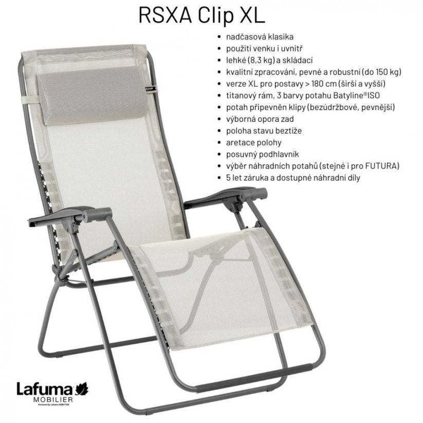 Relaxační křeslo Lafuma RSXA Clip XL BatylineISO - Velikost: XL, Barva potahu: Béžová Seigle II, Potah: BatylineISO, Barva rámu: Šedá Titan