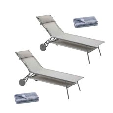 Výhodná sada 2 opalovacích lehátek vysokých MIAMI II HAUT Batyline®DUO šedá Galet s osuškami LITTORAL XL