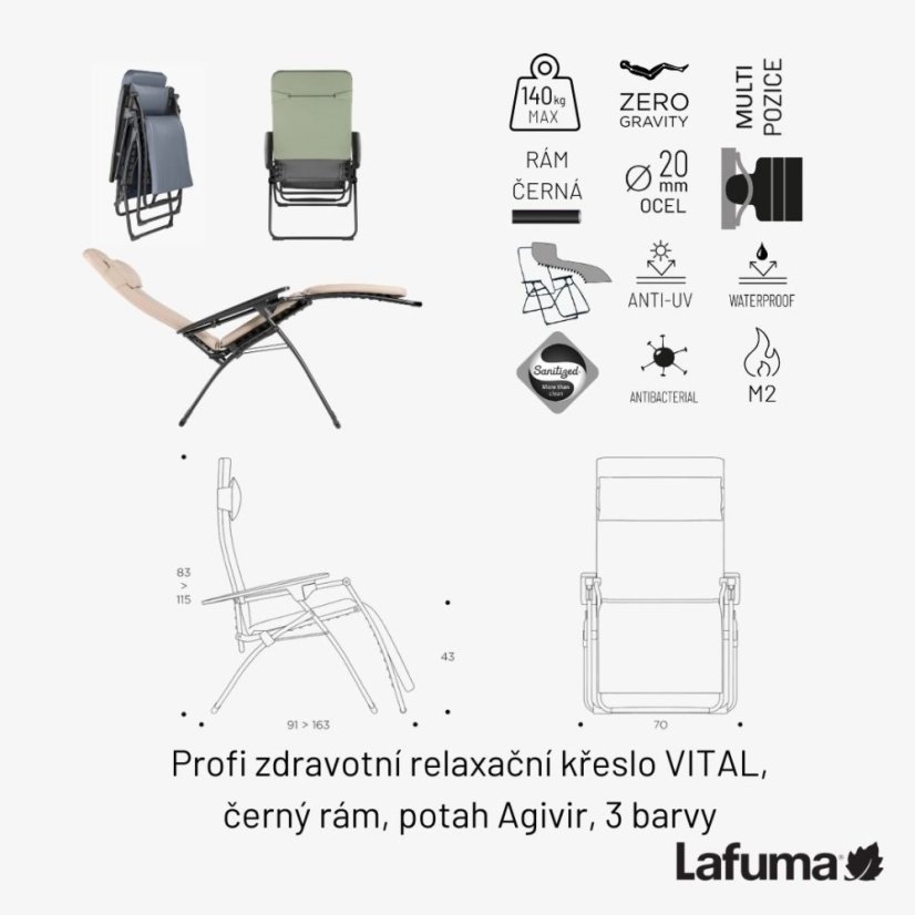 Piktogramy ilustrujúce výhody stoličky Lafuma VITAL – hygienické vlastnosti a odolnosť.