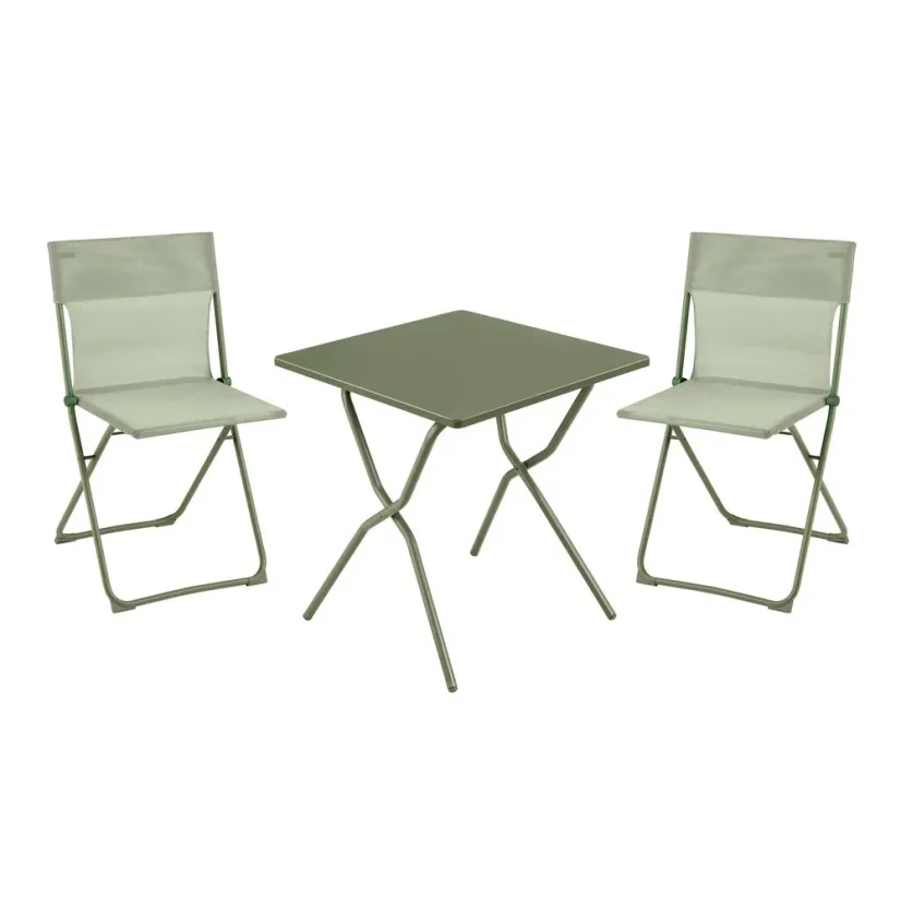 Sada BALCONY II – skládací stůl 64×70 cm + 2 ultra kompaktní židle | ColorBlock zelená Moss