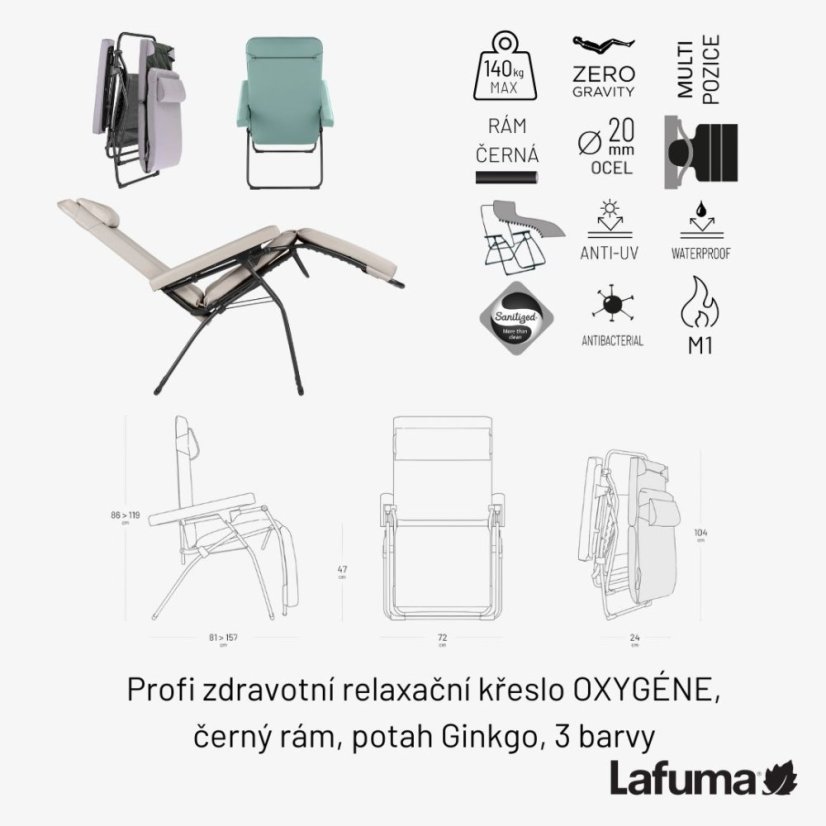 Piktogramy ilustrujúce výhody stoličky Lafuma OXYGÈNE – hygienické vlastnosti a odolnosť.