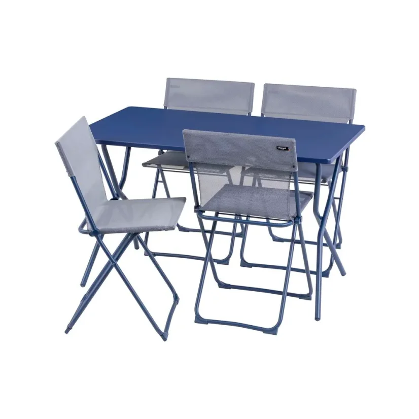 Sada BALCONY II – skládací stůl 120×70 cm + 4 ultra kompaktní židle | ColorBlock modrá Indigo
