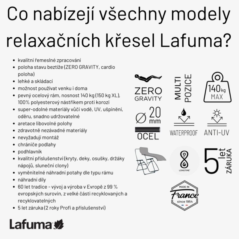 Společné vlastnosti a charakteristiky relaxačních křesel Lafuma.