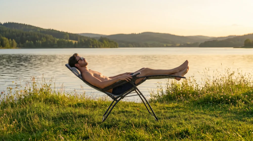 Muž v relaxačním křesle Lafuma Zero Gravity u jezera Lipno