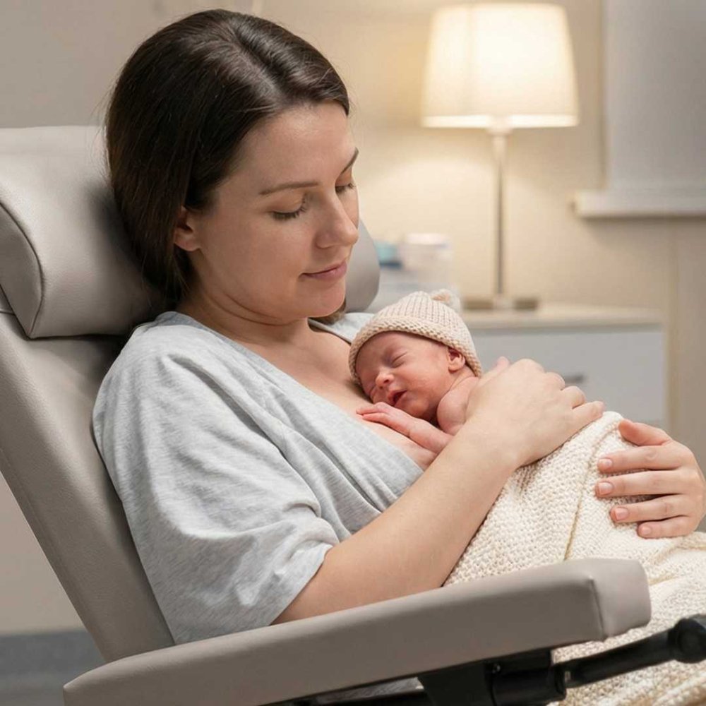 Maminka a její nedonošené dítě skin to skin v křesle Lafuma OXYGÉNE