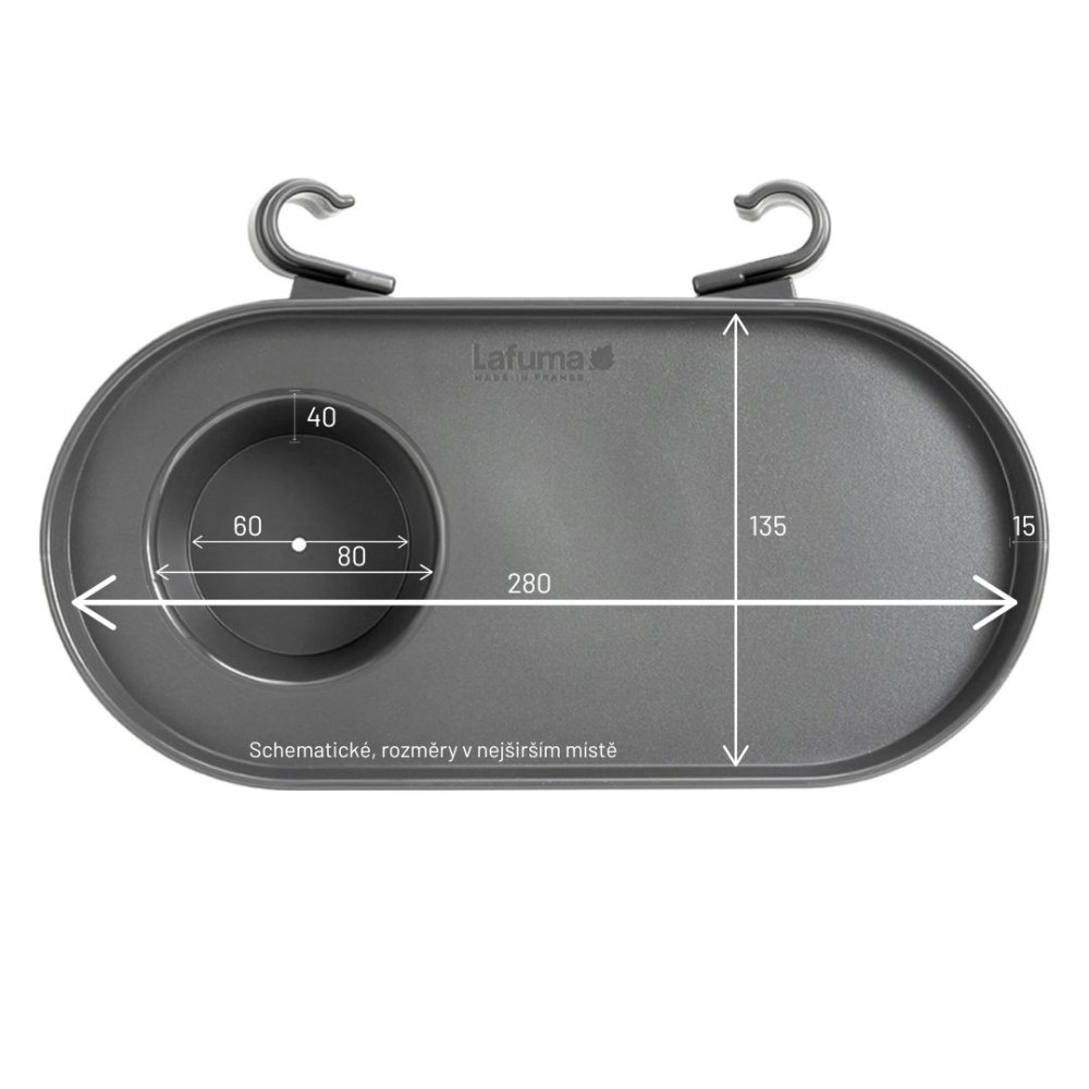 Rozměry držáku nápojů pro relaxační křesla Lafuma