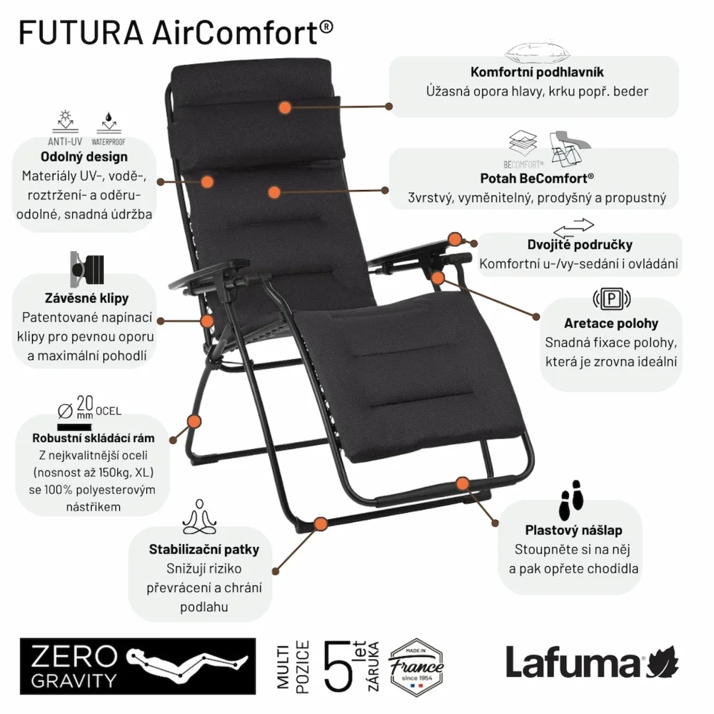 Relaxační křeslo Lafuma Zero Gravity FUTURA AirComfort® vlastnosti